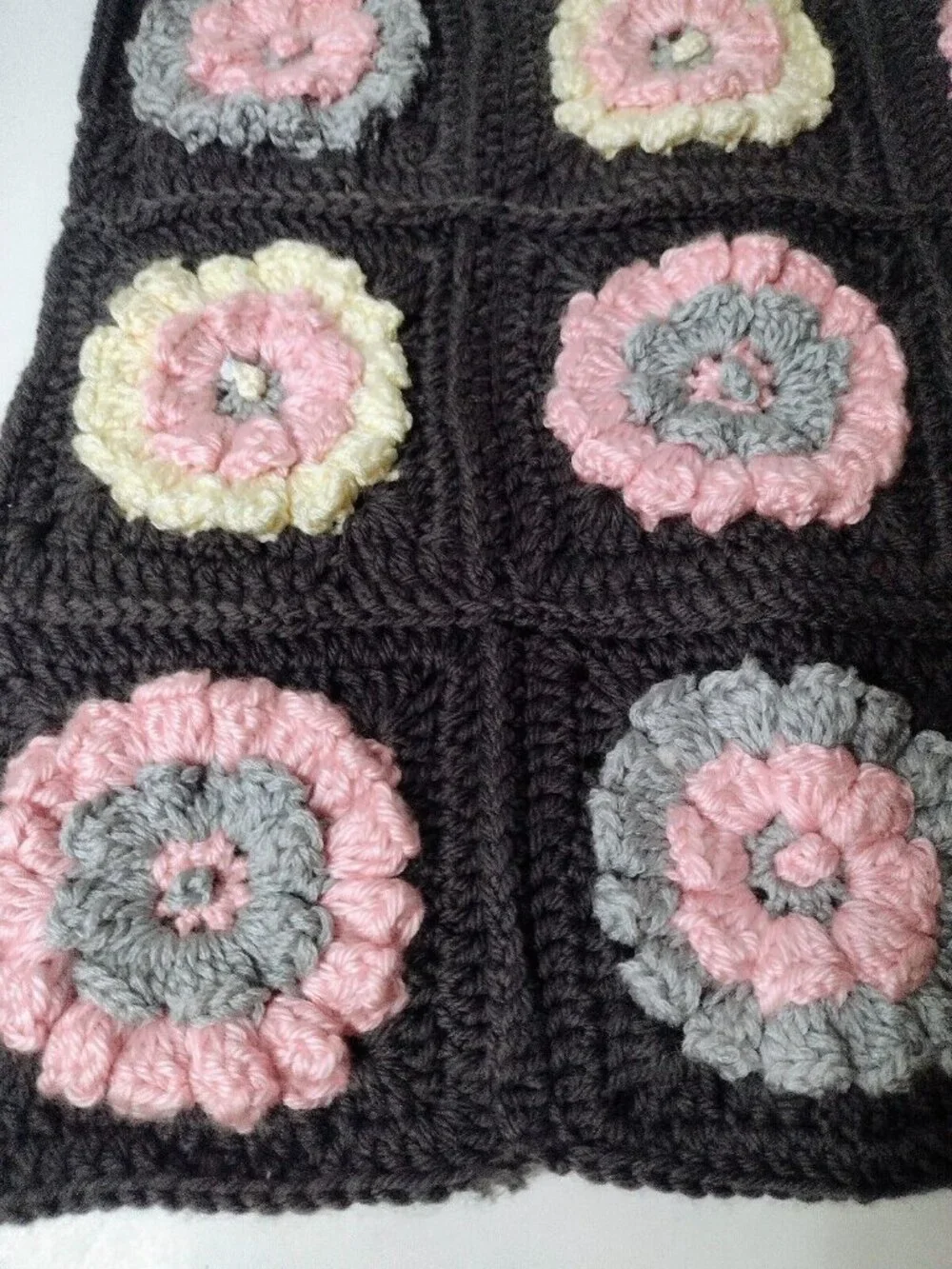 Handmade Granny Square 14 x 14 Hot Pad Table Topper Gray Pink Cottage